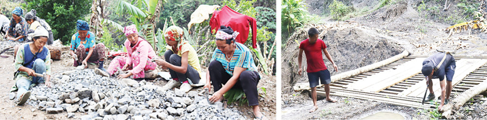 (Left) SHGs members of Hakchang, Sangsangyo and Maksha breaking stone chips for the bridge abutment construction. (Right) Four churches from the region helped in constructing nine wooden culverts between Sangshen to Bridge point. (Photo Courtesy: ECS)